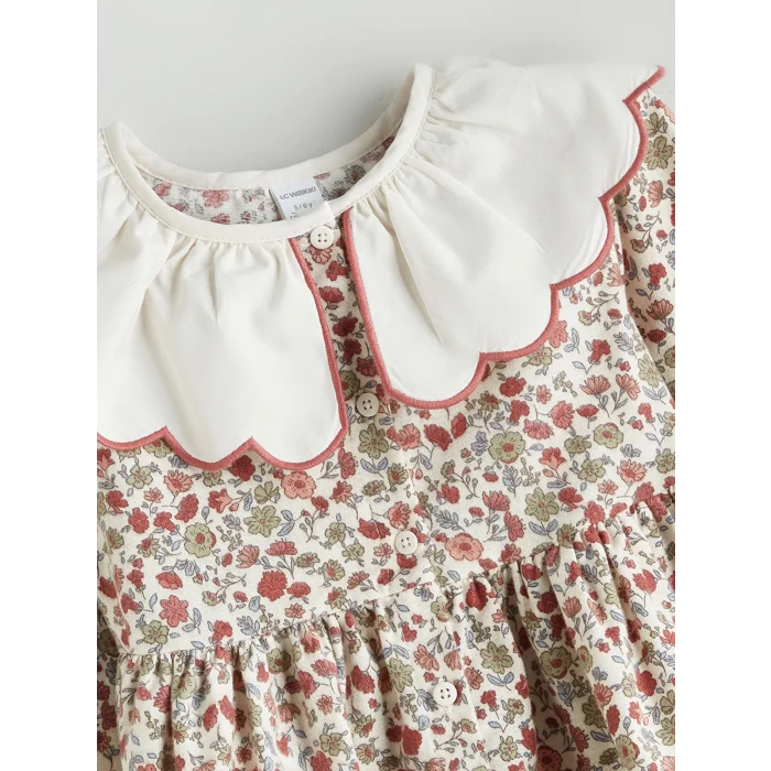 LCW Kids Ekru Bebe Yaka Çiçekli Kız Çocuk Elbise