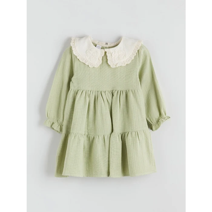 LCW Kids Yeşil Bebe Yaka Müslin Kız Çocuk Elbise