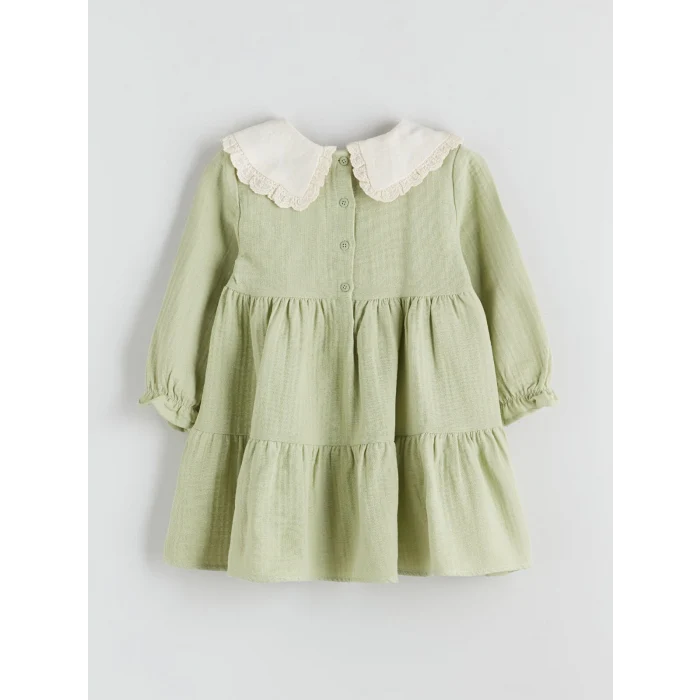 LCW Kids Yeşil Bebe Yaka Müslin Kız Çocuk Elbise