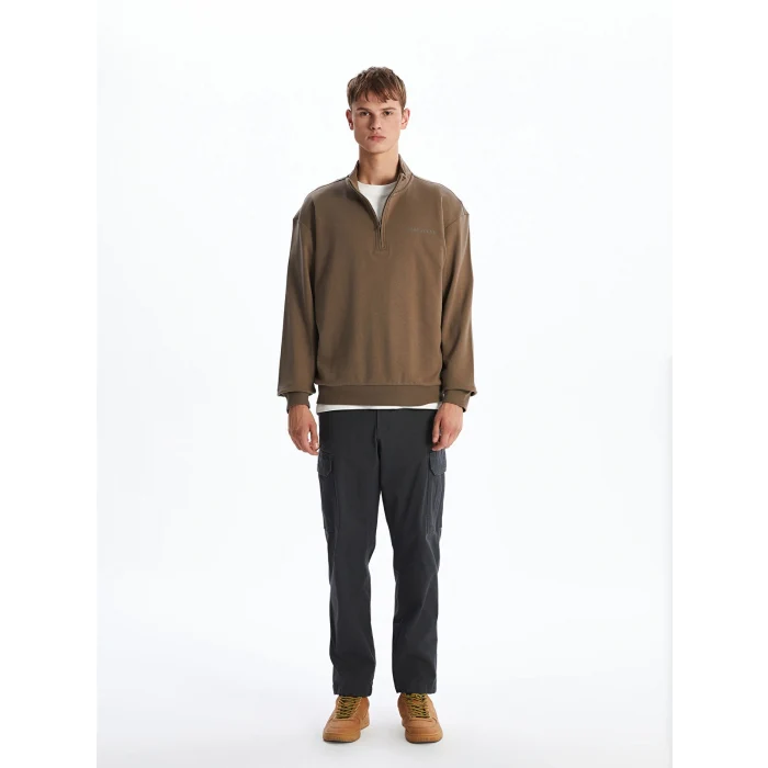 XSIDE Kahverengi Dik Yaka Baskılı Erkek Sweatshirt