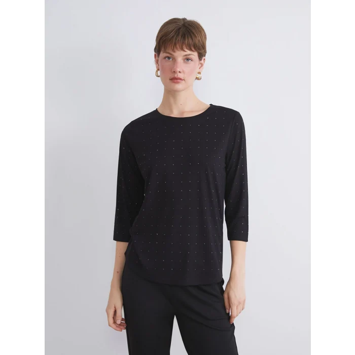 LCWAIKIKI Classic Siyah Bisiklet Yaka Taşlı Bluz