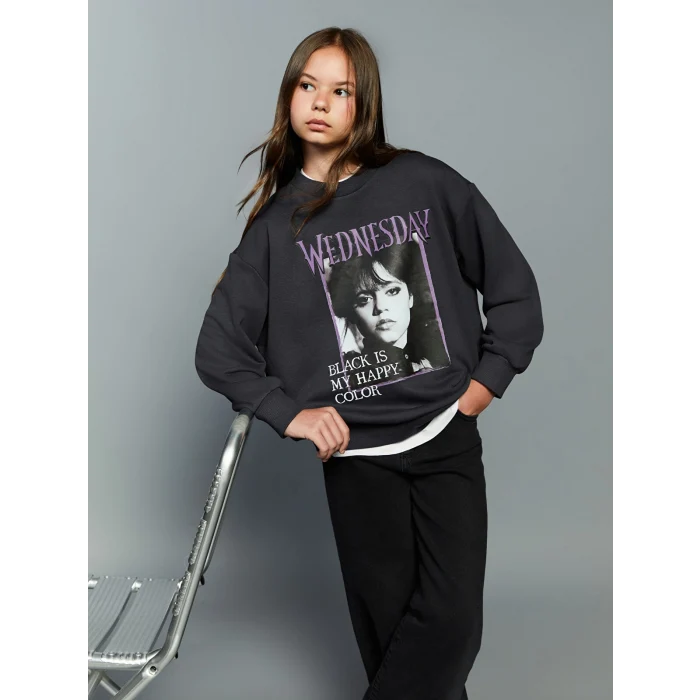 LCW Kids Gri Bisiklet Yaka Wednesday Baskılı Kız Çocuk Sweatshirt