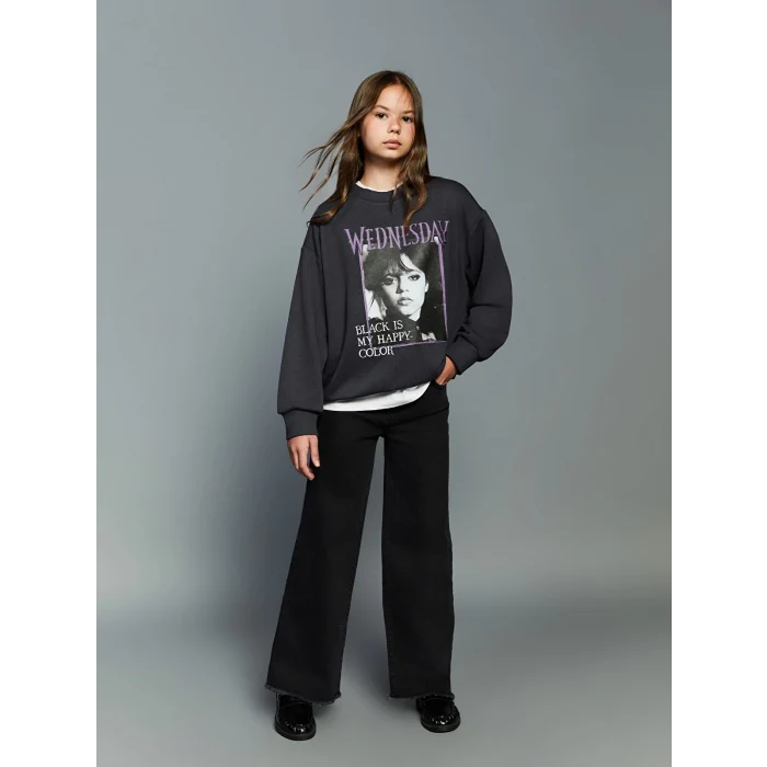 LCW Kids Gri Bisiklet Yaka Wednesday Baskılı Kız Çocuk Sweatshirt