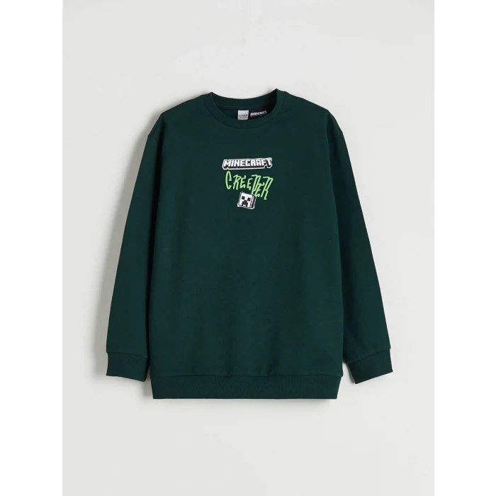 LCW Kids Yeşil Bisiklet Yaka Minecraft Baskılı Erkek Çocuk Sweatshirt