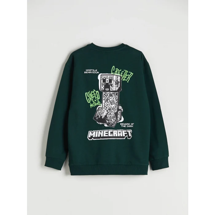 LCW Kids Yeşil Bisiklet Yaka Minecraft Baskılı Erkek Çocuk Sweatshirt