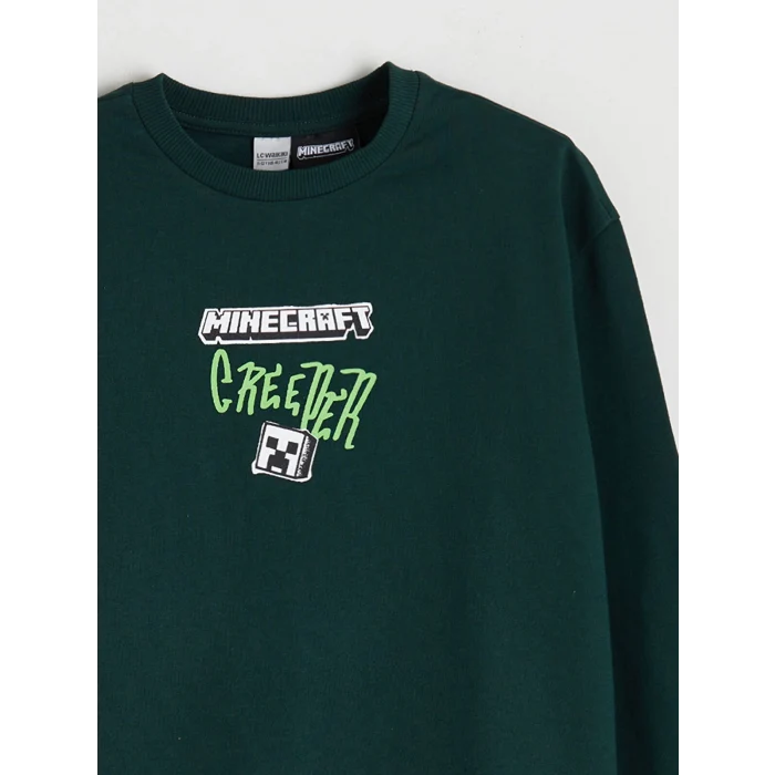 LCW Kids Yeşil Bisiklet Yaka Minecraft Baskılı Erkek Çocuk Sweatshirt