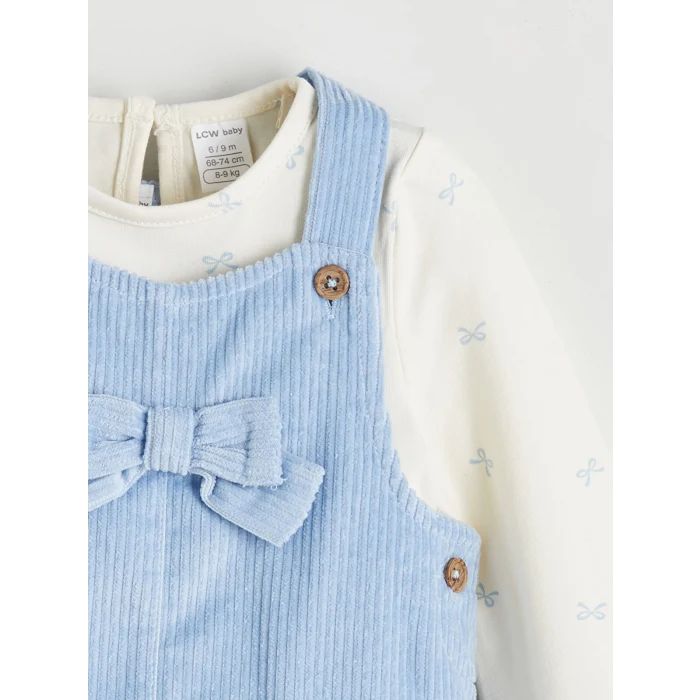 LCW baby Mavi Fiyonk Detaylı Kadife Kız Bebek Salopet Elbise ve Tişört