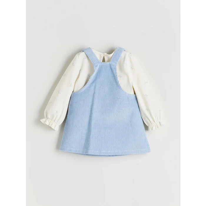 LCW baby Mavi Fiyonk Detaylı Kadife Kız Bebek Salopet Elbise ve Tişört