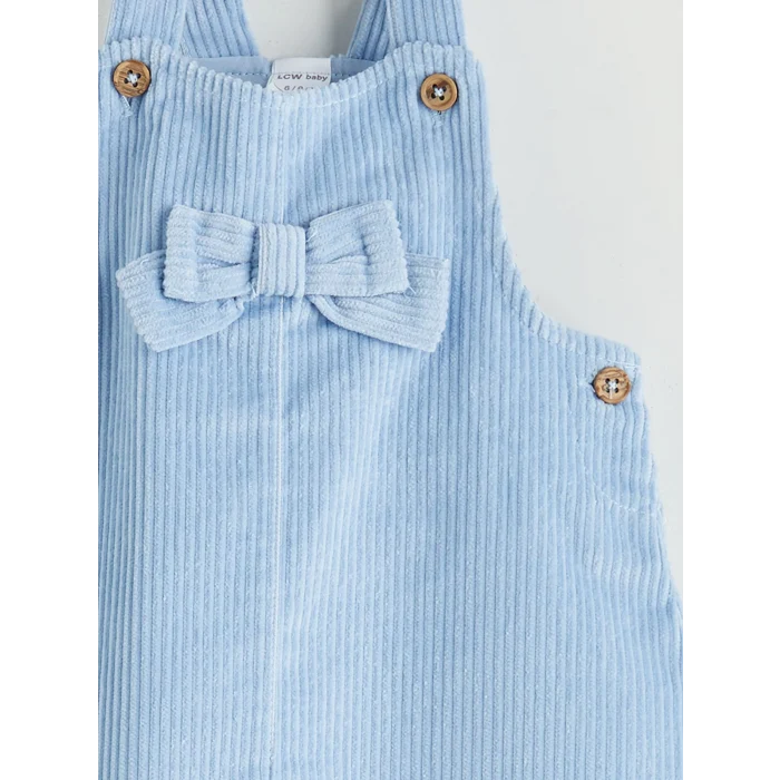 LCW baby Mavi Fiyonk Detaylı Kadife Kız Bebek Salopet Elbise ve Tişört