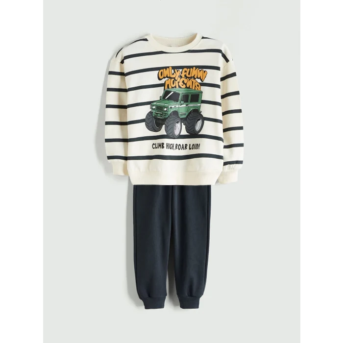 LCW Kids Bej Bisiklet Yaka Erkek Çocuk Sweatshirt ve Eşofman Alt