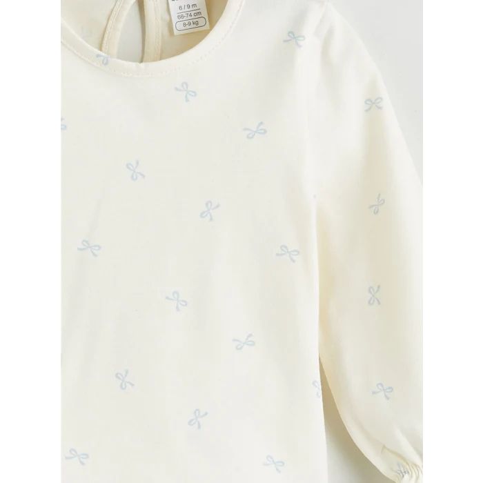 LCW baby Mavi Fiyonk Detaylı Kadife Kız Bebek Salopet Elbise ve Tişört