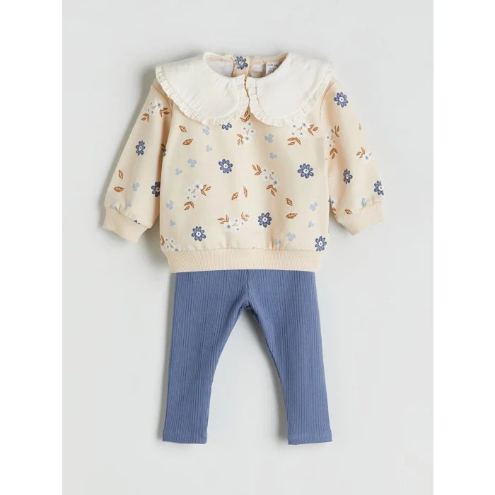 LCW baby Bej Bebe Yaka Kız Bebek Sweatshirt ve Tayt 2li