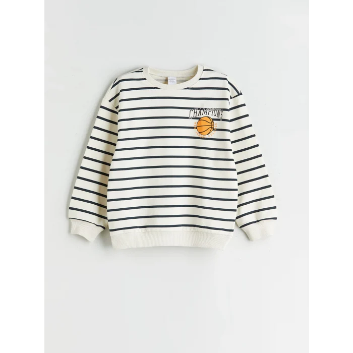 LCW Kids Bej Bisiklet Yaka Çizgili Erkek Çocuk Sweatshirt ve Pantolon 2li Takım