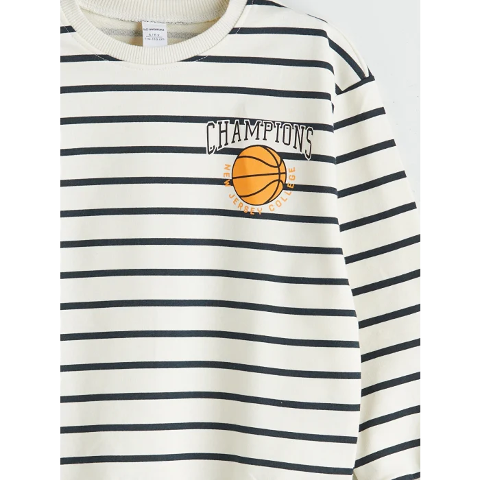 LCW Kids Bej Bisiklet Yaka Çizgili Erkek Çocuk Sweatshirt ve Pantolon 2li Takım