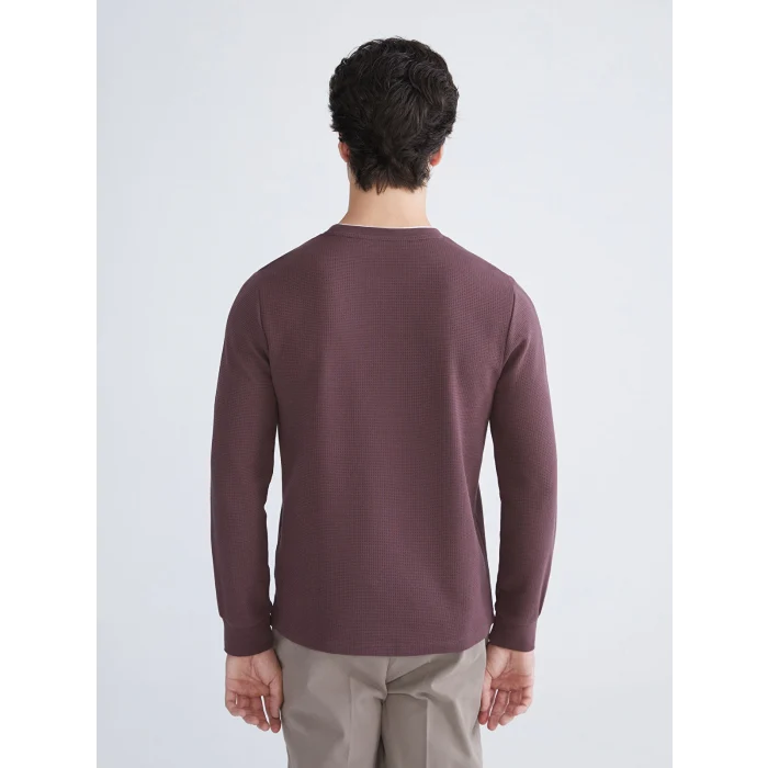 LCWAIKIKI Classic Mürdüm Uzun Kollu Dokulu Erkek Tişört