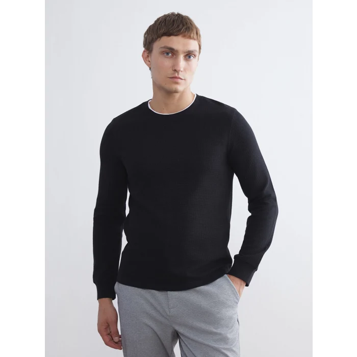 LCWAIKIKI Classic Siyah Uzun Kollu Dokulu Erkek Tişört