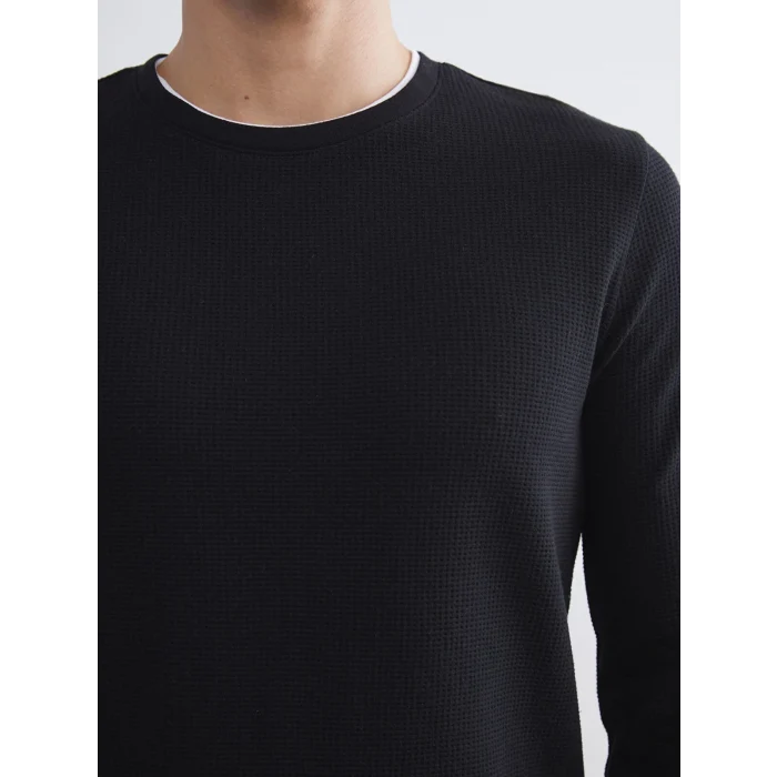 LCWAIKIKI Classic Siyah Uzun Kollu Dokulu Erkek Tişört