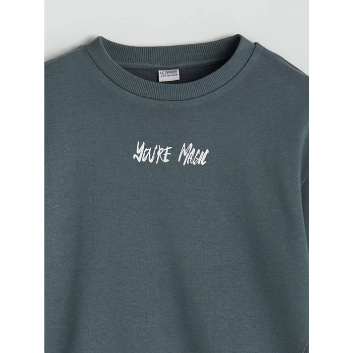 LCW Kids Gri Bisiklet Yaka Baskılı Erkek Çocuk Sweatshirt