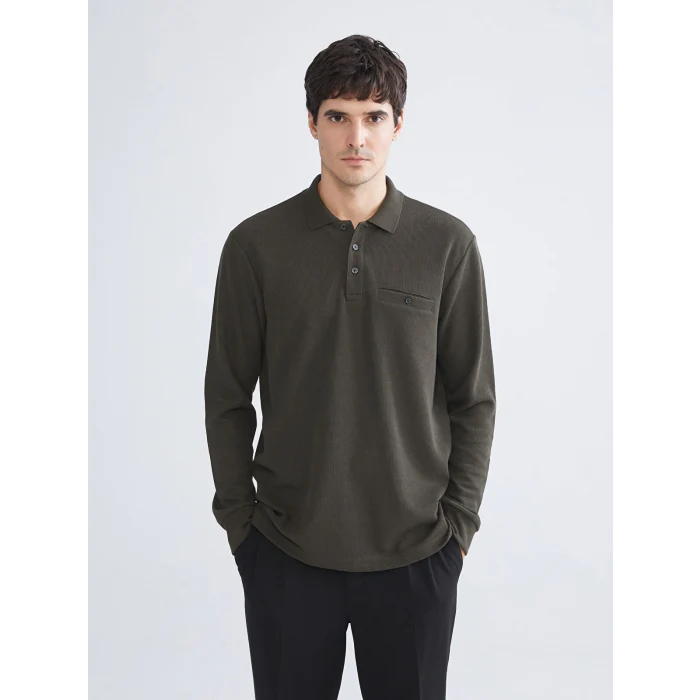 LCWAIKIKI Classic Haki Polo Yaka Uzun Kollu Erkek Sweatshirt