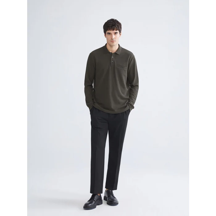 LCWAIKIKI Classic Haki Polo Yaka Uzun Kollu Erkek Sweatshirt