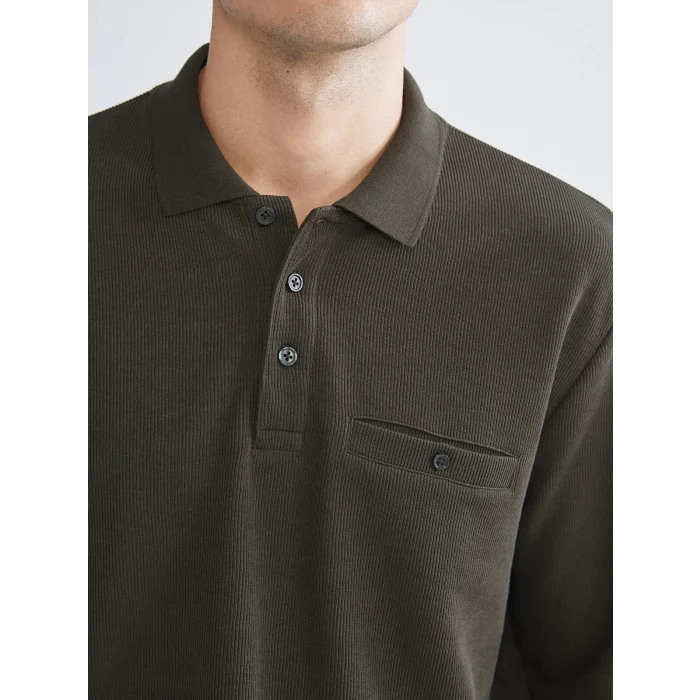 LCWAIKIKI Classic Haki Polo Yaka Uzun Kollu Erkek Sweatshirt