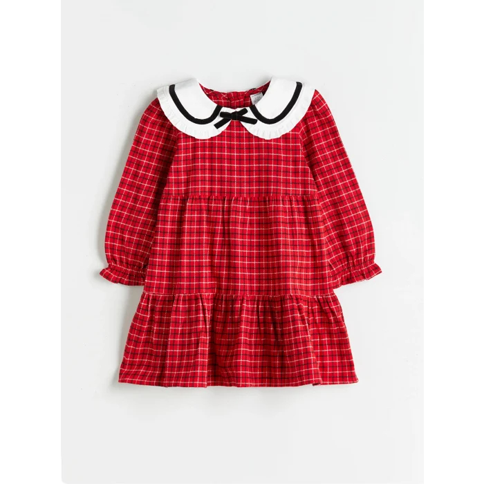 LCW Kids Kirmizi Bebe Yaka Ekose Desenli Kız Çocuk Elbise