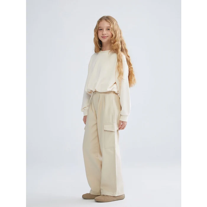 LCW Kids Bej Beli Lastikli Gabardin Kız Çocuk Pantolon