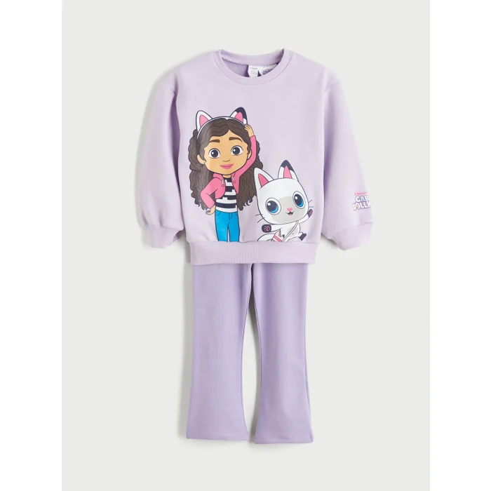 LCW Kids Lila Bisiklet Yaka Gabbys Dollhouse Baskılı Kız Çocuk Sweatshirt ve Tayt