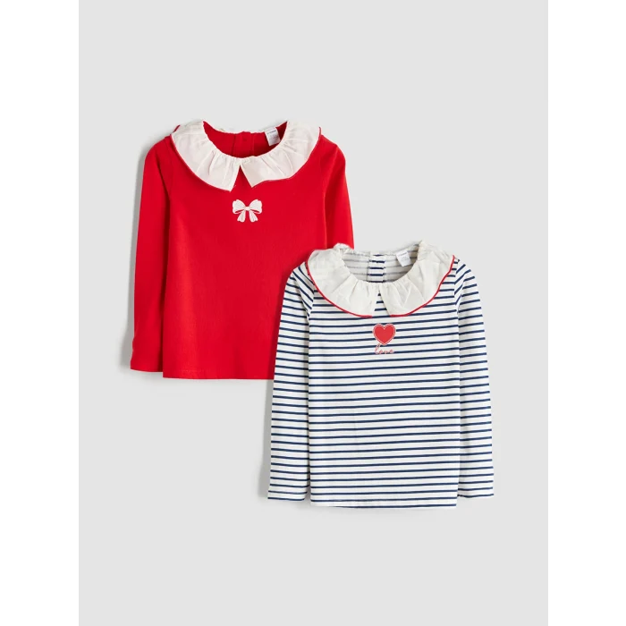 LCW Kids Lacivert Bebe Yaka Uzun Kollu Kız Çocuk Tişört 2li