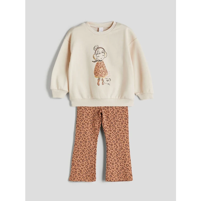 LCW Kids Bej Bisiklet Yaka Kız Çocuk Sweatshirt ve Tayt