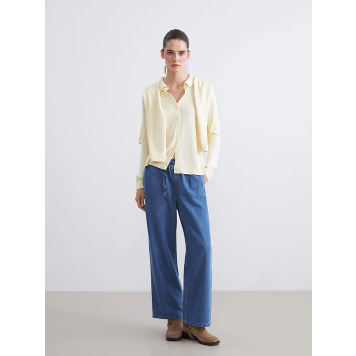 LCW Jeans Indigo Beli Lastikli Wideleg Kadın Jean Pantolon