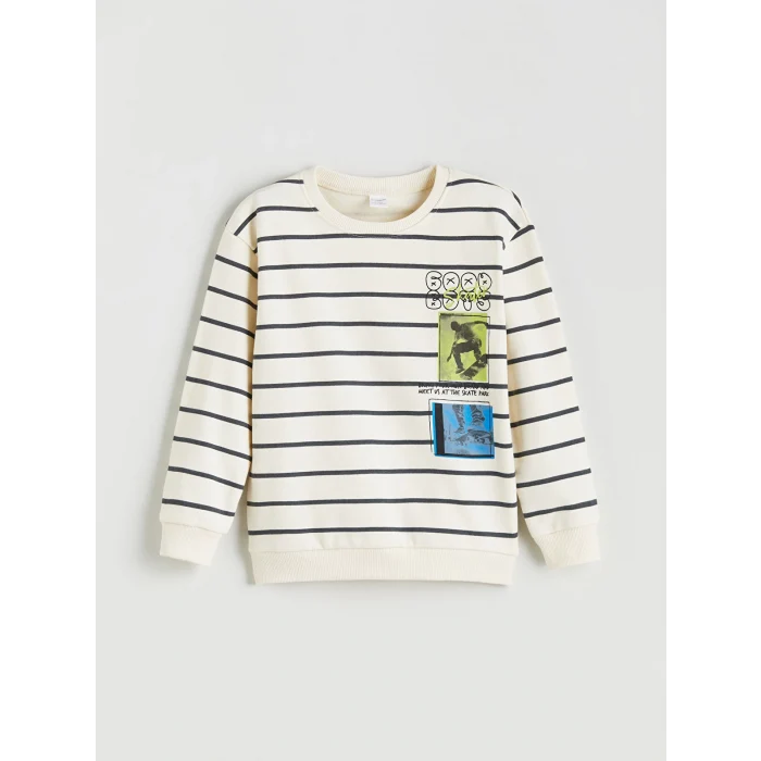 LCW Kids Bej Bisiklet Yaka Baskılı Erkek Çocuk Sweatshirt