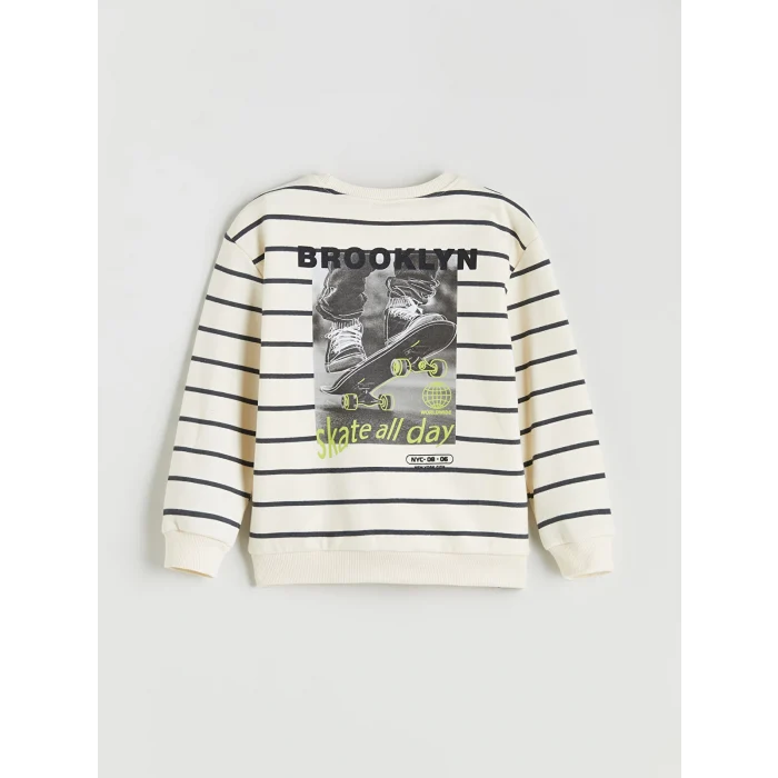 LCW Kids Bej Bisiklet Yaka Baskılı Erkek Çocuk Sweatshirt