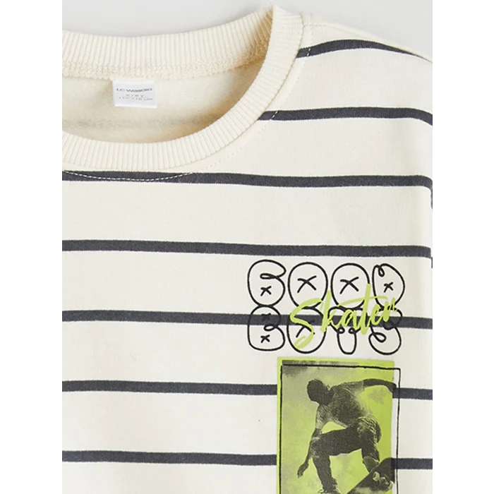 LCW Kids Bej Bisiklet Yaka Baskılı Erkek Çocuk Sweatshirt