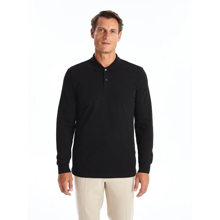 LCWAIKIKI Basic Siyah Polo Yaka Uzun Kollu Pike Erkek Tişört