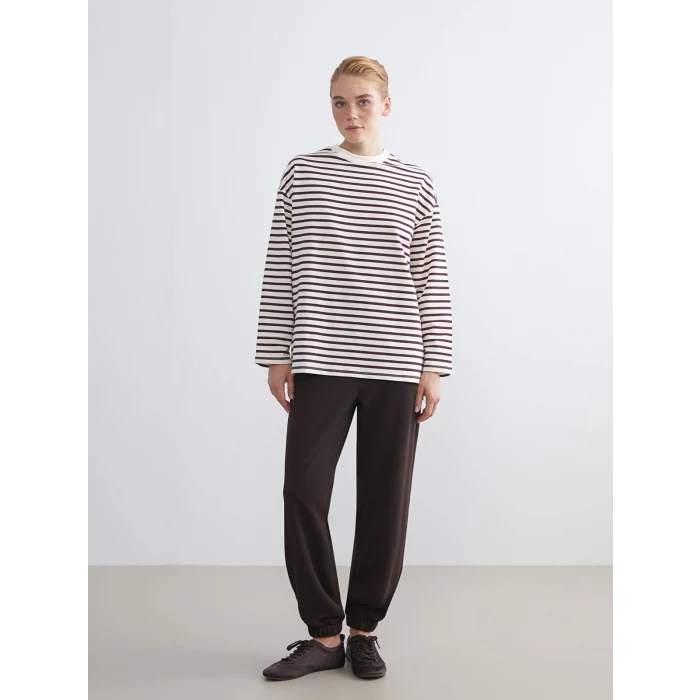 LCW Modest Mürdüm Bisiklet Yaka Çizgili Kadın Sweatshirt Tunik