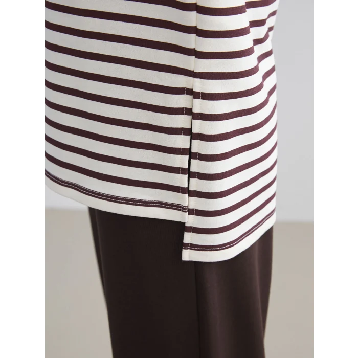 LCW Modest Mürdüm Bisiklet Yaka Çizgili Kadın Sweatshirt Tunik