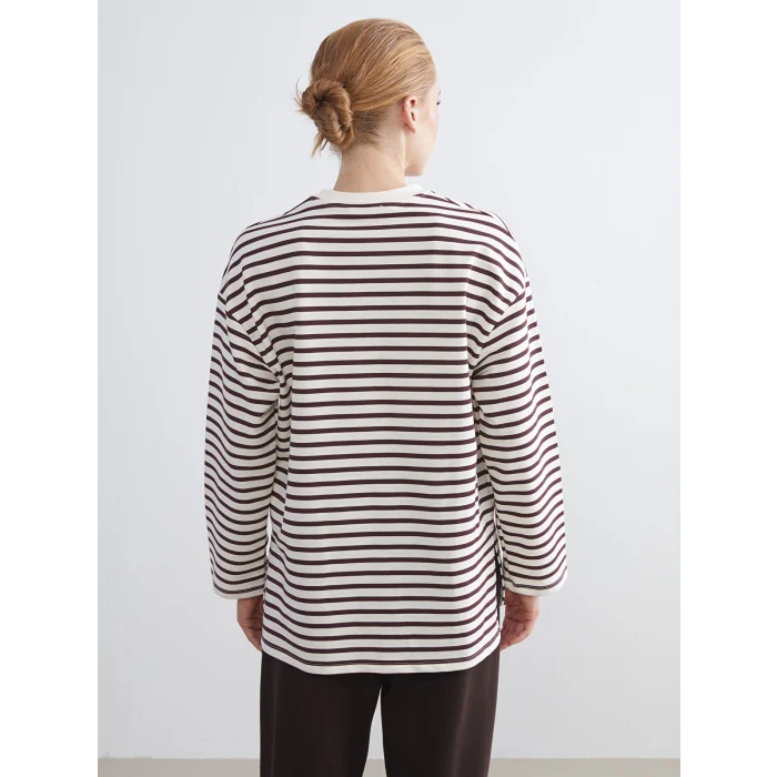 LCW Modest Mürdüm Bisiklet Yaka Çizgili Kadın Sweatshirt Tunik