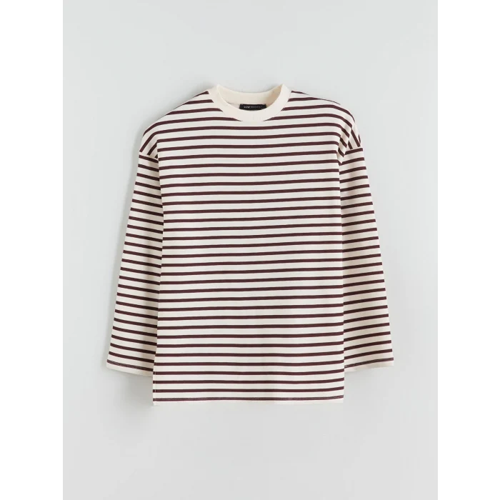 LCW Modest Mürdüm Bisiklet Yaka Çizgili Kadın Sweatshirt Tunik