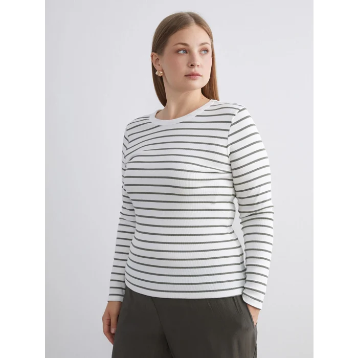 LCWAIKIKI Classic Haki Bisiklet Yaka Çizgili Kadın Body