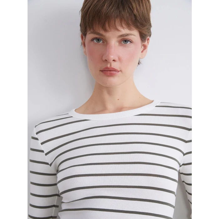 LCWAIKIKI Classic Haki Bisiklet Yaka Çizgili Kadın Body