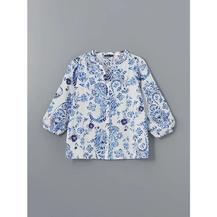 LCWAIKIKI Classic Mavi Kaçık Yaka Çiçekli Kadın Bluz