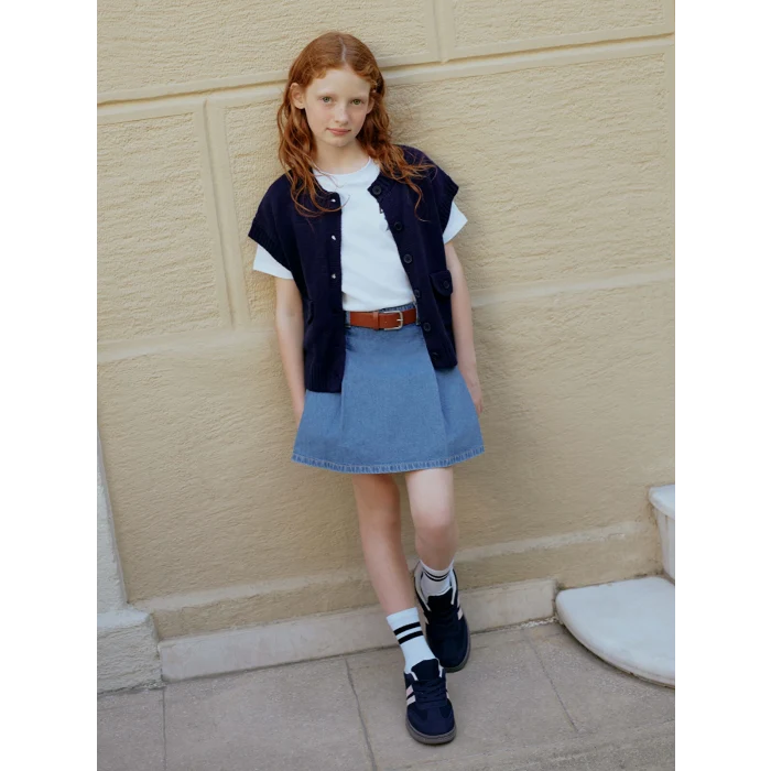 LCW Kids Indigo Beli Lastikli Pileli Kız Çocuk Jean Şort Etek