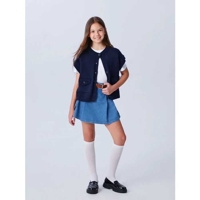 LCW Kids Indigo Beli Lastikli Pileli Kız Çocuk Jean Şort Etek