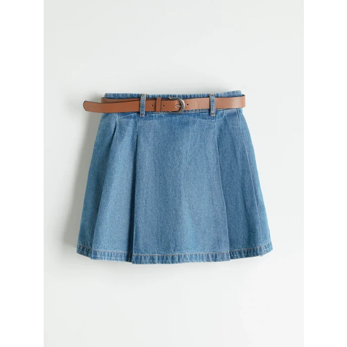 LCW Kids Indigo Beli Lastikli Pileli Kız Çocuk Jean Şort Etek