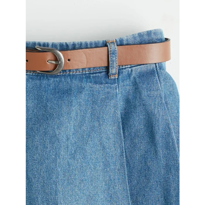 LCW Kids Indigo Beli Lastikli Pileli Kız Çocuk Jean Şort Etek