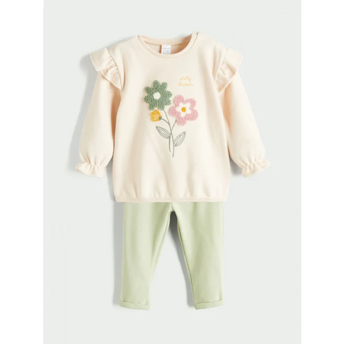 LCW baby Bej Bisiklet Yaka Çiçekli Kız Bebek Sweatshirt ve Tayt 2li