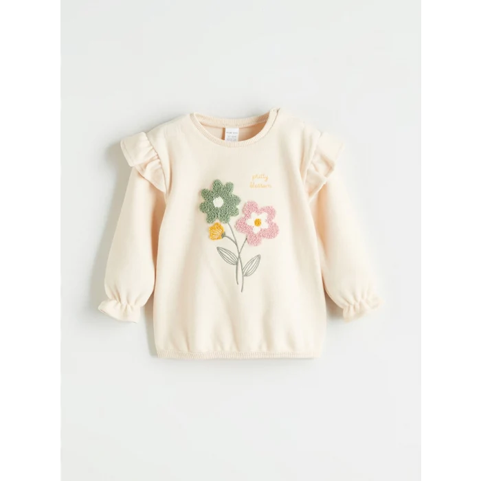 LCW baby Bej Bisiklet Yaka Çiçekli Kız Bebek Sweatshirt ve Tayt 2li