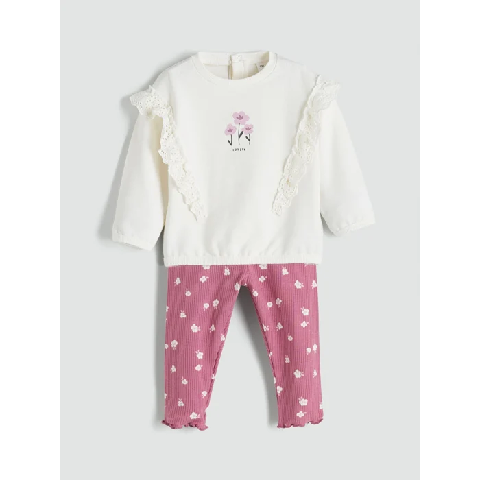 LCW baby Bej Bisiklet Yaka Çiçekli Kız Bebek Sweatshirt ve Tayt 2li