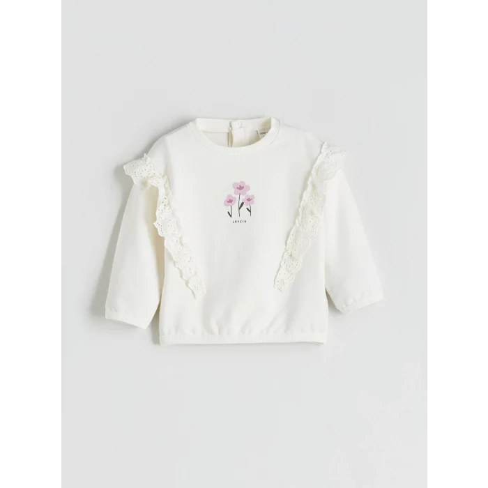LCW baby Bej Bisiklet Yaka Çiçekli Kız Bebek Sweatshirt ve Tayt 2li